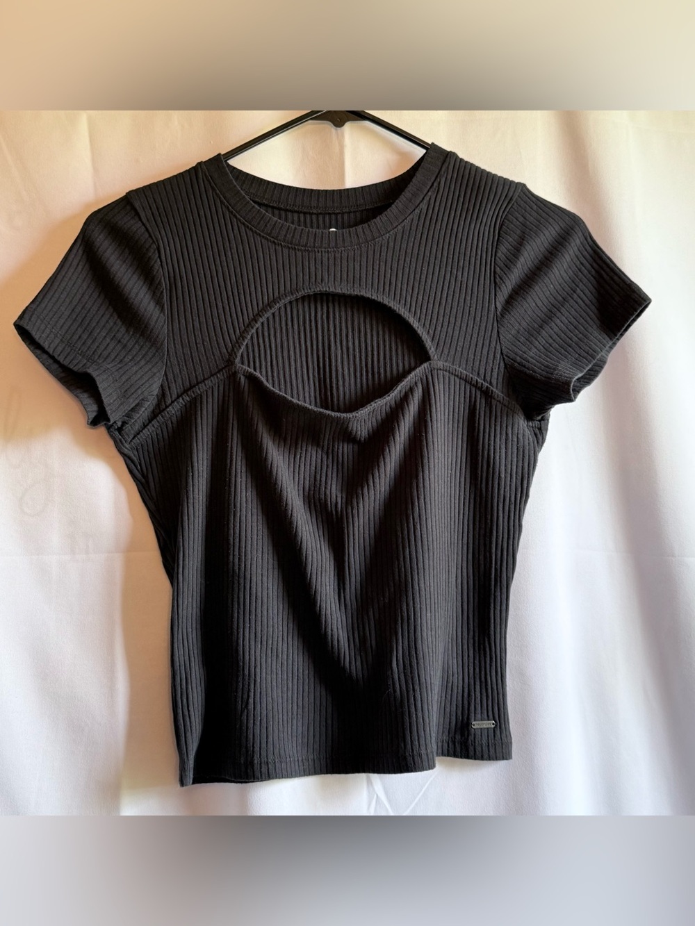 Hollister Black Ribbed Short-Sleeve Crop Baby T-Shirt Size Medium